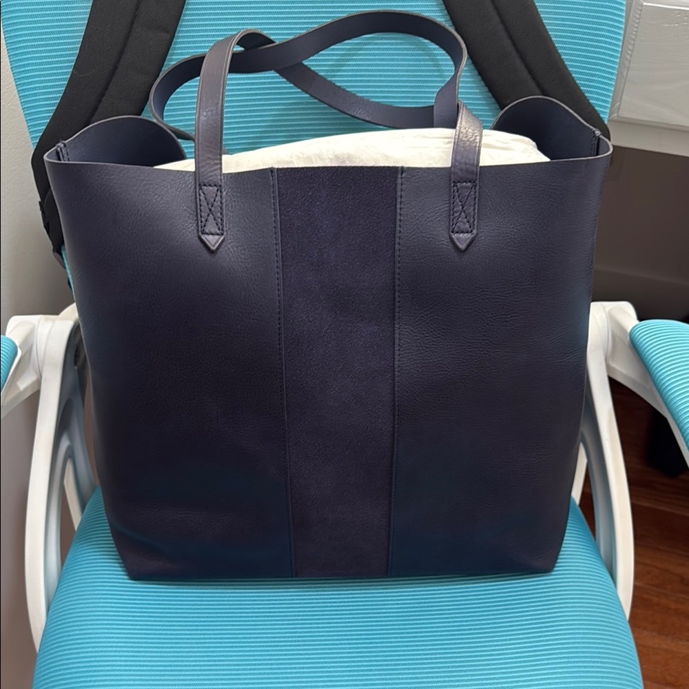 Barely used Madewell Transport Tote in navy with suede stripe.